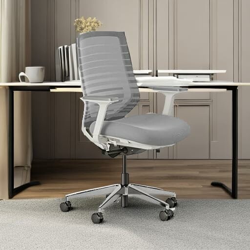 Office chair with adjustable armrests and wheels.