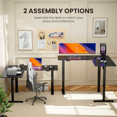 Two assembly options for an adjustable desk with monitors, PC, and office chair.