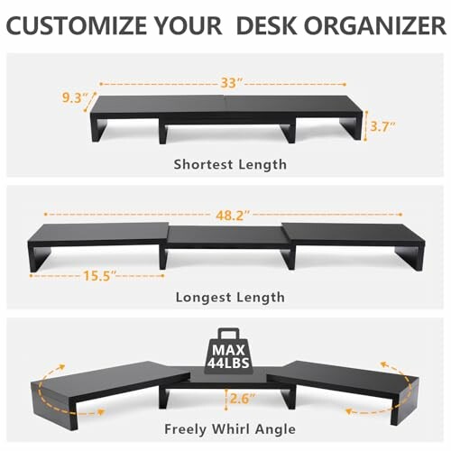 Adjustable desk organizer with dimensions and weight capacity.