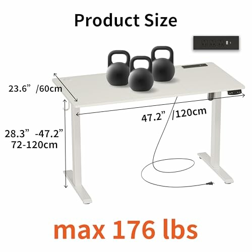 Adjustable desk with dimensions and kettlebells
