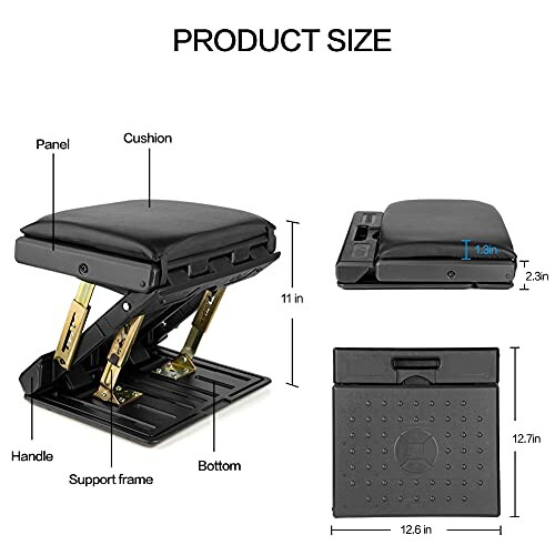 Adjustable folding step stool with dimensions and parts labeled.