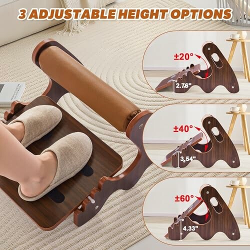 Adjustable wooden foot slant board with three height options for stretching.
