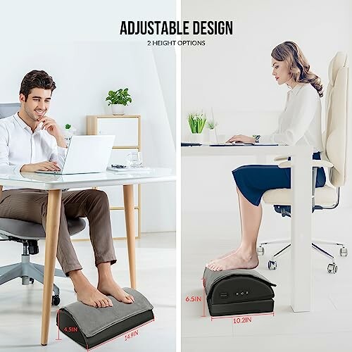 Two people using an adjustable footrest under desks in an office setting.