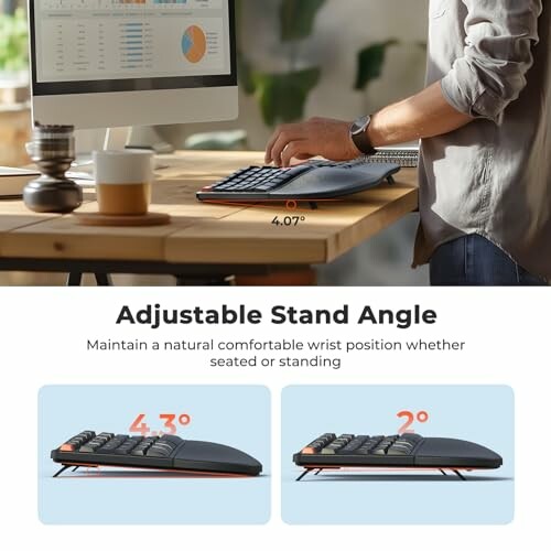 Person using keyboard with adjustable stand angle for ergonomic wrist position.