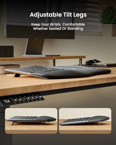 Keyboard with adjustable tilt legs on a desk.