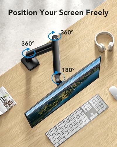 Adjustable monitor arm on a desk with a keyboard and headphones.