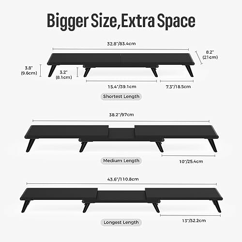 Adjustable monitor stand with dimensions for three different lengths.