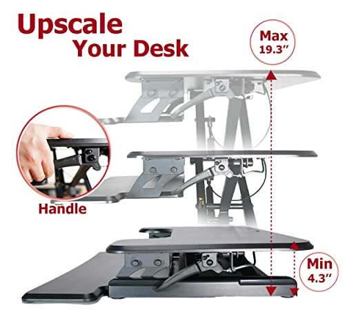 Adjustable standing desk converter with height settings.