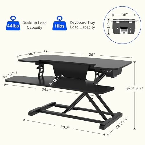 Adjustable standing desk converter with dimensions and weight capacities.