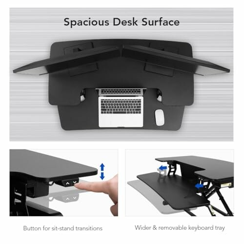 Adjustable standing desk with sit-stand transitions and keyboard tray.
