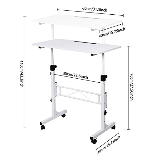 Adjustable standing desk with dimensions labeled.