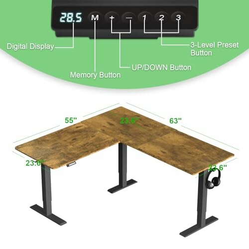 L-shaped adjustable standing desk with digital display and controls