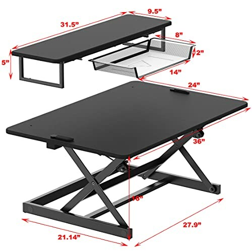 Adjustable standing desk with dimensions and storage drawer.