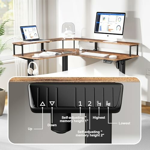 Adjustable standing desk with electronic control panel and computer setup