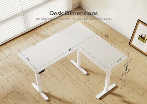 L-shaped white desk with dimensions labeled on a wood floor.