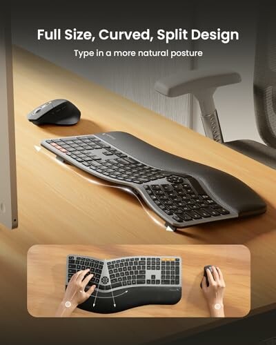 Ergonomic curved keyboard and mouse on desk with hands typing.