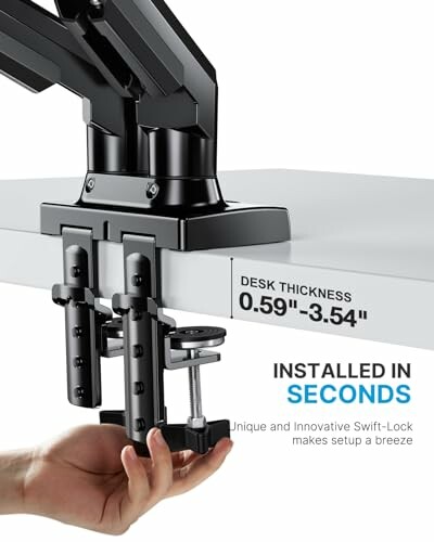 Desk mount arm clamp installation with hand adjusting clamp.