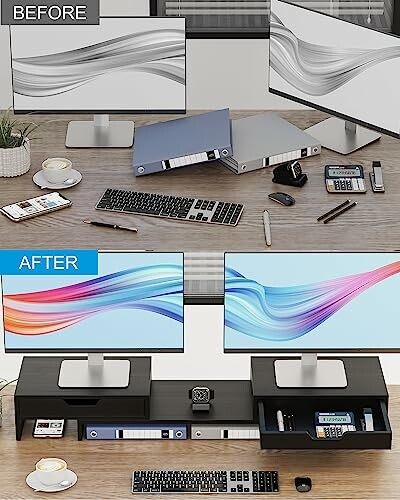 Comparison of a cluttered desk before and an organized desk after using a desk organizer.