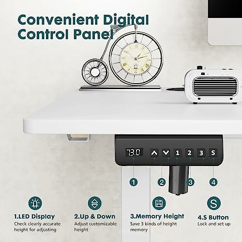 Convenient digital control panel for standing desk with LED display and memory settings.