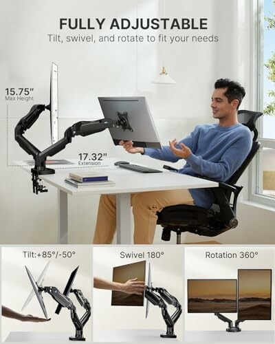 Person using a fully adjustable dual monitor mount at a desk.