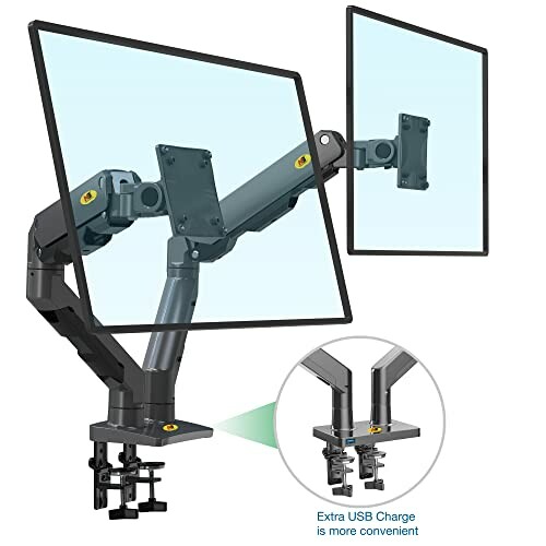 Dual monitor desk mount with adjustable arms and USB charge