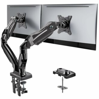 Dual monitor desk mount with adjustable arms.