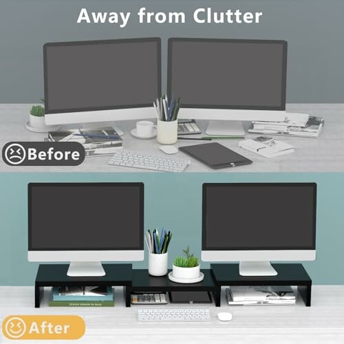 Before and after of dual monitor desk with organizer.