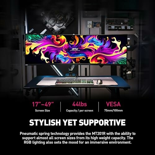 Dual monitor stand with RGB lighting supporting 17 to 49 inch screens.