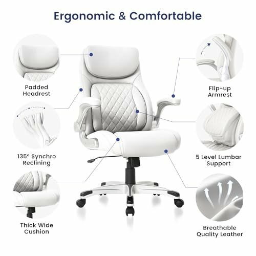 Ergonomic office chair with features labeled: padded headrest, flip-up armrest, 135-degree synchro reclining, 5-level lumbar support, thick wide cushion, breathable quality leather.