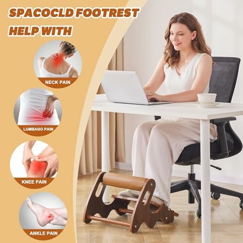 Woman using ergonomic footrest at desk with benefits listed.