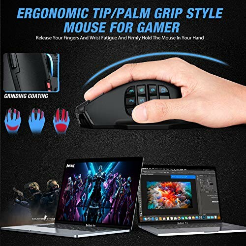 Ergonomic gaming mouse with side buttons and laptop screens displaying games and graphics software.