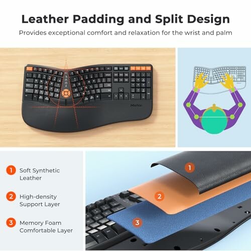 Ergonomic keyboard with leather padding and split design, showing layers and user posture.