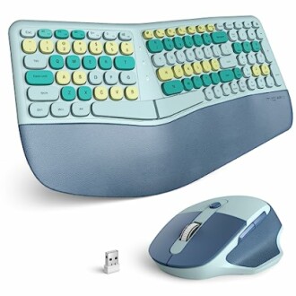 Ergonomic keyboard and mouse set with wrist rest and colorful keys.