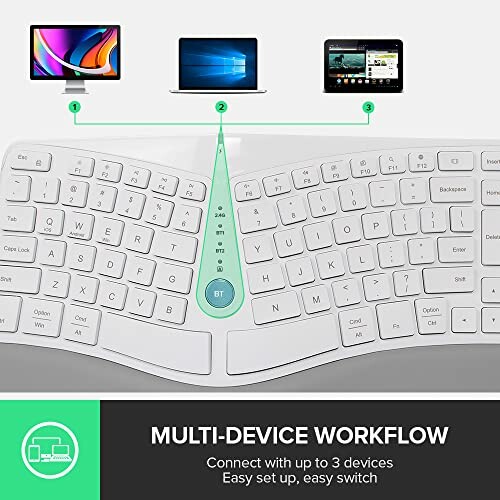 Ergonomic keyboard with multi-device connection feature.