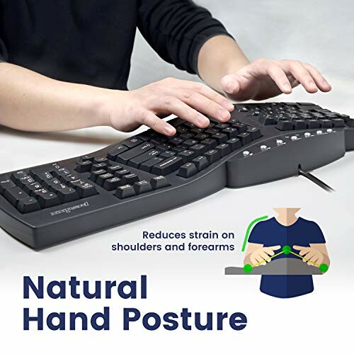 Person typing on an ergonomic keyboard with text about reducing strain on hands and wrists