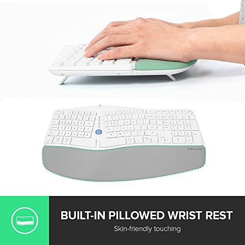 Ergonomic keyboard with built-in pillowed wrist rest.