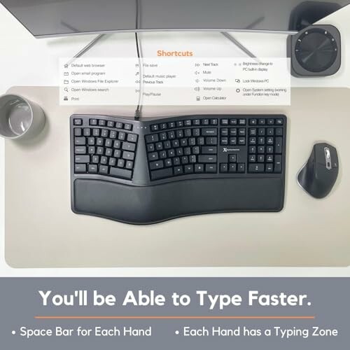 Ergonomic keyboard and mouse on a desk with shortcut list.