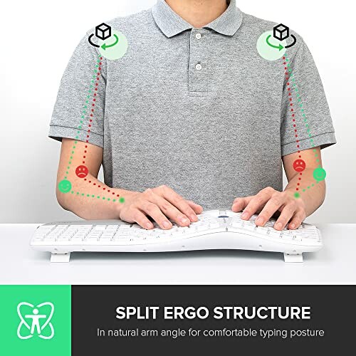 Man typing on a split ergonomic keyboard demonstrating comfortable arm posture.