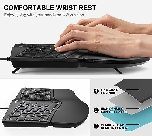 Ergonomic keyboard with comfortable wrist rest and memory foam layers