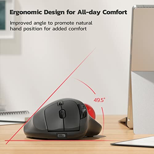Ergonomic mouse with 49.5-degree angle for comfort.