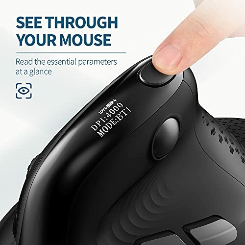 Close-up of a mouse showing DPI and mode settings on a screen.