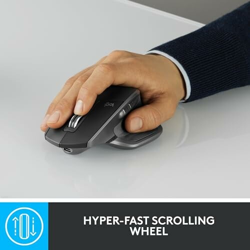 Hand using an ergonomic mouse with hyper-fast scrolling wheel