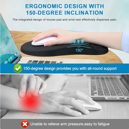 Ergonomic mouse pad with 150-degree inclination for pain relief.