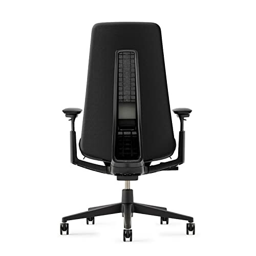 Back view of an ergonomic office chair with adjustable armrests and wheels.