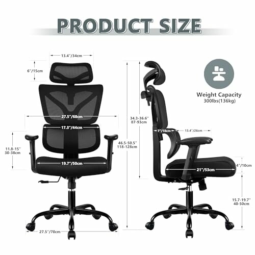 Ergonomic office chair with detailed size dimensions and weight capacity.