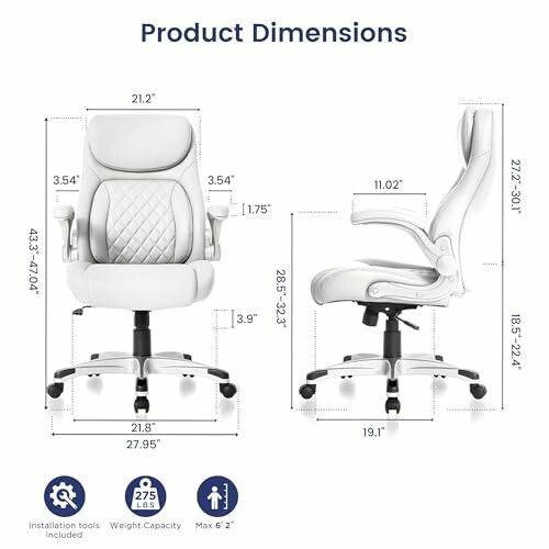 Dimensions of ergonomic office chair with adjustable height and armrests.