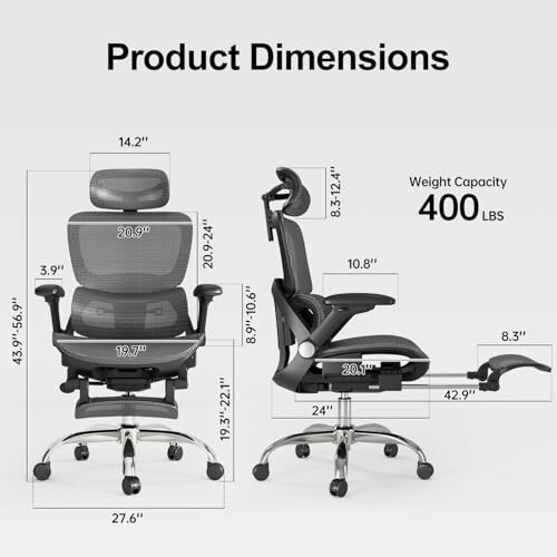 Ergonomic office chair with dimensions and 400 lbs weight capacity.