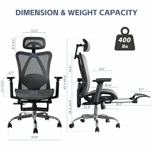 Ergonomic office chair dimensions and weight capacity chart.
