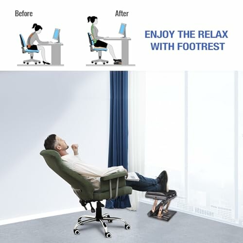 Person reclining in an office chair with footrest.