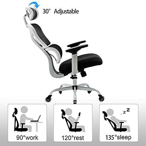 Ergonomic office chair with adjustable recline settings for work, rest, and sleep positions.